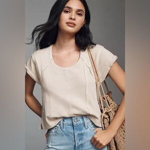 Pilcro Short-Sleeve Seamed Sweatshirt Cream Top Size Large